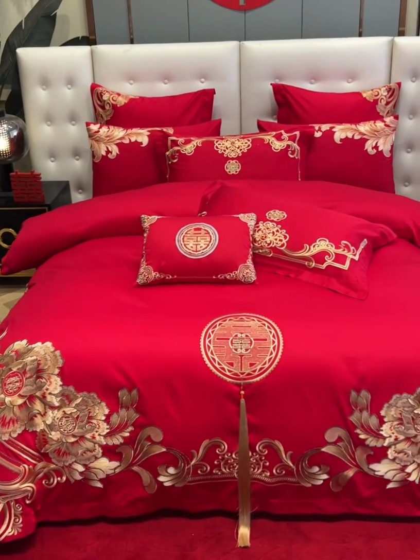 91家纺网 家纺一手货源 找家纺 宏羽纺家纺 2024新款13372纯棉婚庆套件系列 皇家喜事-金-时尚
