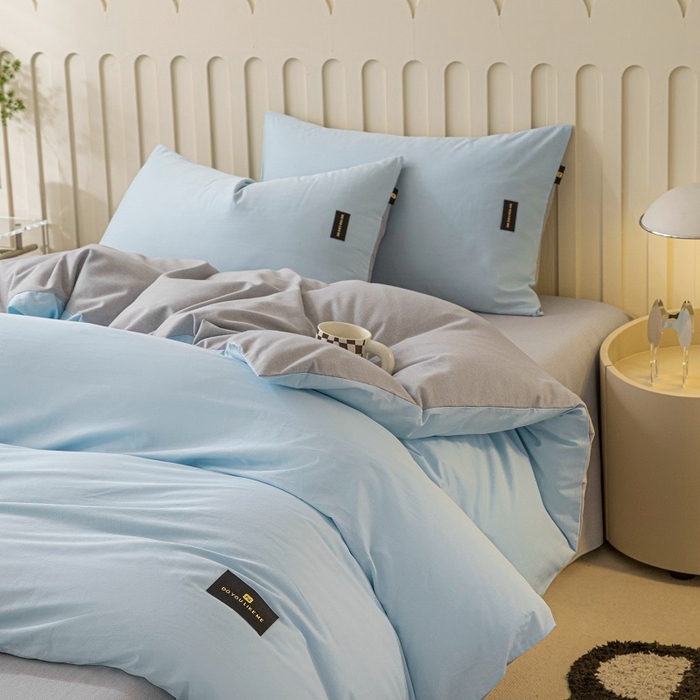 91家纺网 家纺一手货源 找家纺 涵宸家纺 2024新款原棉纯色织标磨毛单品及套件--被套 兰+浅灰