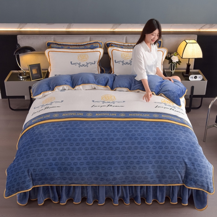 91家纺网 家纺一手货源 找家纺 锦铭源2025直播印花7斤牛奶绒金貂水晶法莱珊瑚绒四件套床裙款 时光偶遇