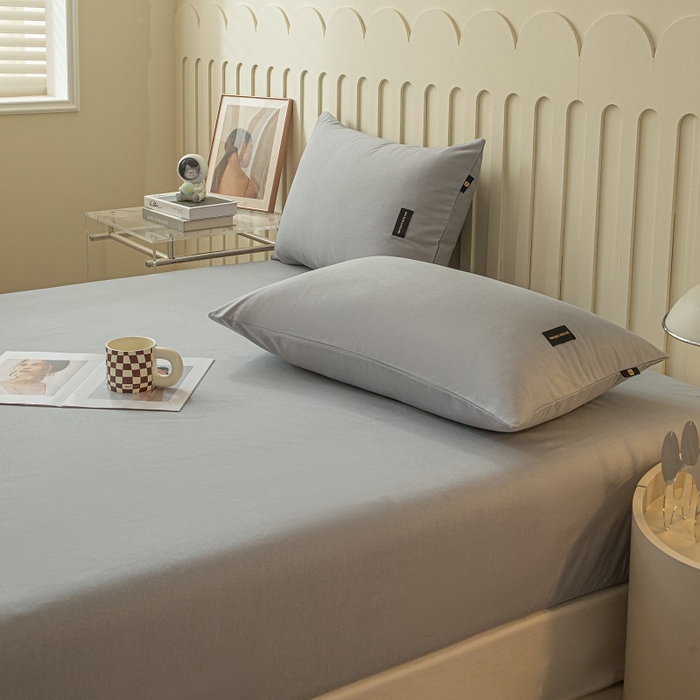 91家纺网 家纺一手货源 找家纺 涵宸家纺 2024新款原棉纯色织标磨毛单品及套件--床笠 单床笠-浅灰