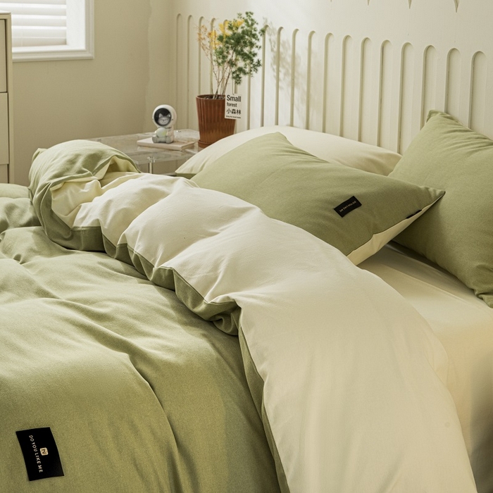91家纺网 家纺一手货源 找家纺 涵宸家纺 2024新款原棉纯色织标磨毛单品及套件--被套 草绿+奶昔白