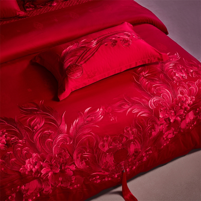 91家纺网 家纺一手货源 找家纺 宏羽纺家纺 2024新款高支高密纯棉提花婚庆套件系列（控价680） 凤凰来仪-红