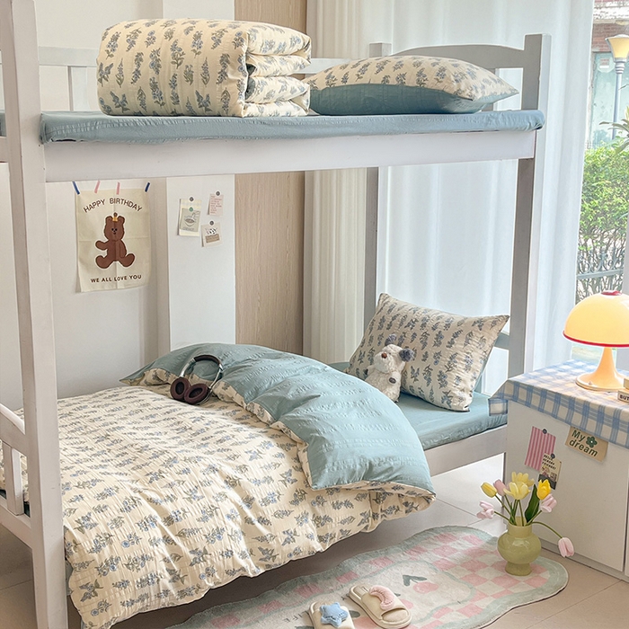 91家纺网 家纺一手货源 找家纺 安哆啦家纺 2024新款A类有氧泡泡纱云纱棉学生季宿舍床三四件套 蓝梦里