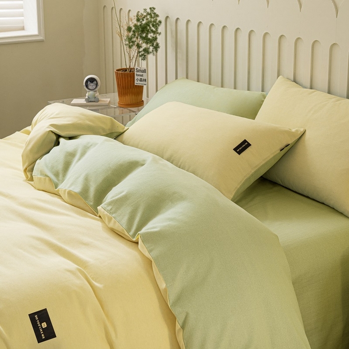 91家纺网 家纺一手货源 找家纺 涵宸家纺 2024新款原棉纯色织标磨毛单品及套件--被套 奶黄+豆绿