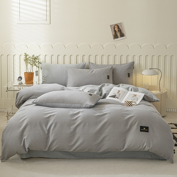 91家纺网 家纺一手货源 找家纺 涵宸家纺 2024新款原棉纯色织标磨毛单品及套件--四件套 中灰+浅灰