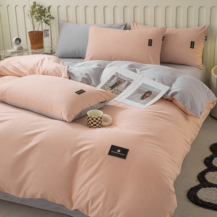 91家纺网 家纺一手货源 找家纺 涵宸家纺 2024新款原棉纯色织标磨毛单品及套件--四件套 粉+浅灰