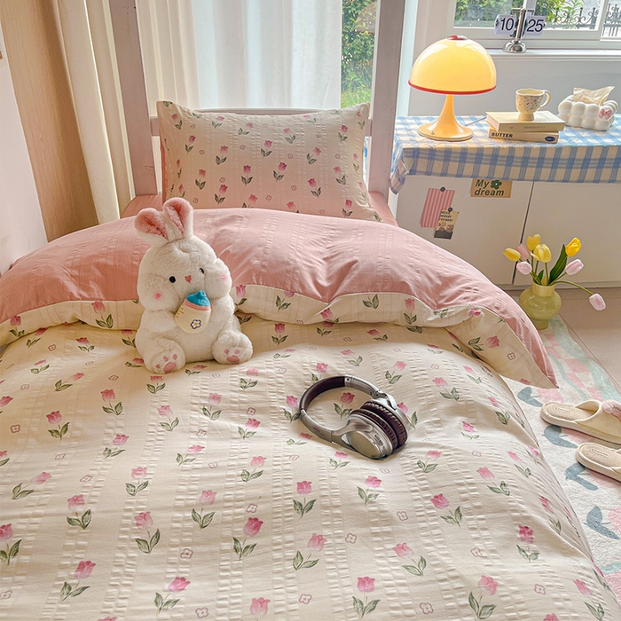 91家纺网 家纺一手货源 找家纺 安哆啦家纺 2024新款A类有氧泡泡纱云纱棉学生季宿舍床三四件套 花香