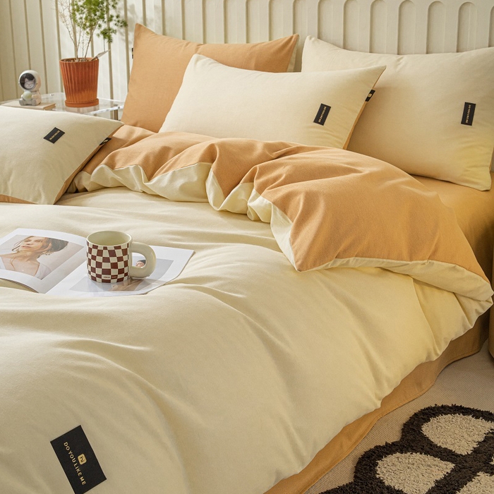 91家纺网 家纺一手货源 找家纺 涵宸家纺 2024新款原棉纯色织标磨毛单品及套件--四件套 奶昔白+咖