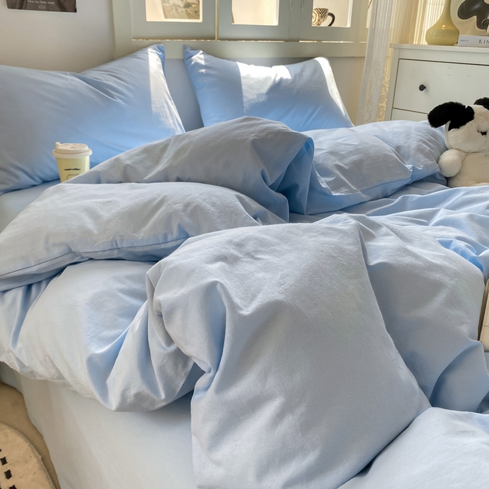 91家纺网 家纺一手货源 找家纺 繁花 2024新款纯色水洗棉素色四件套 海盐蓝