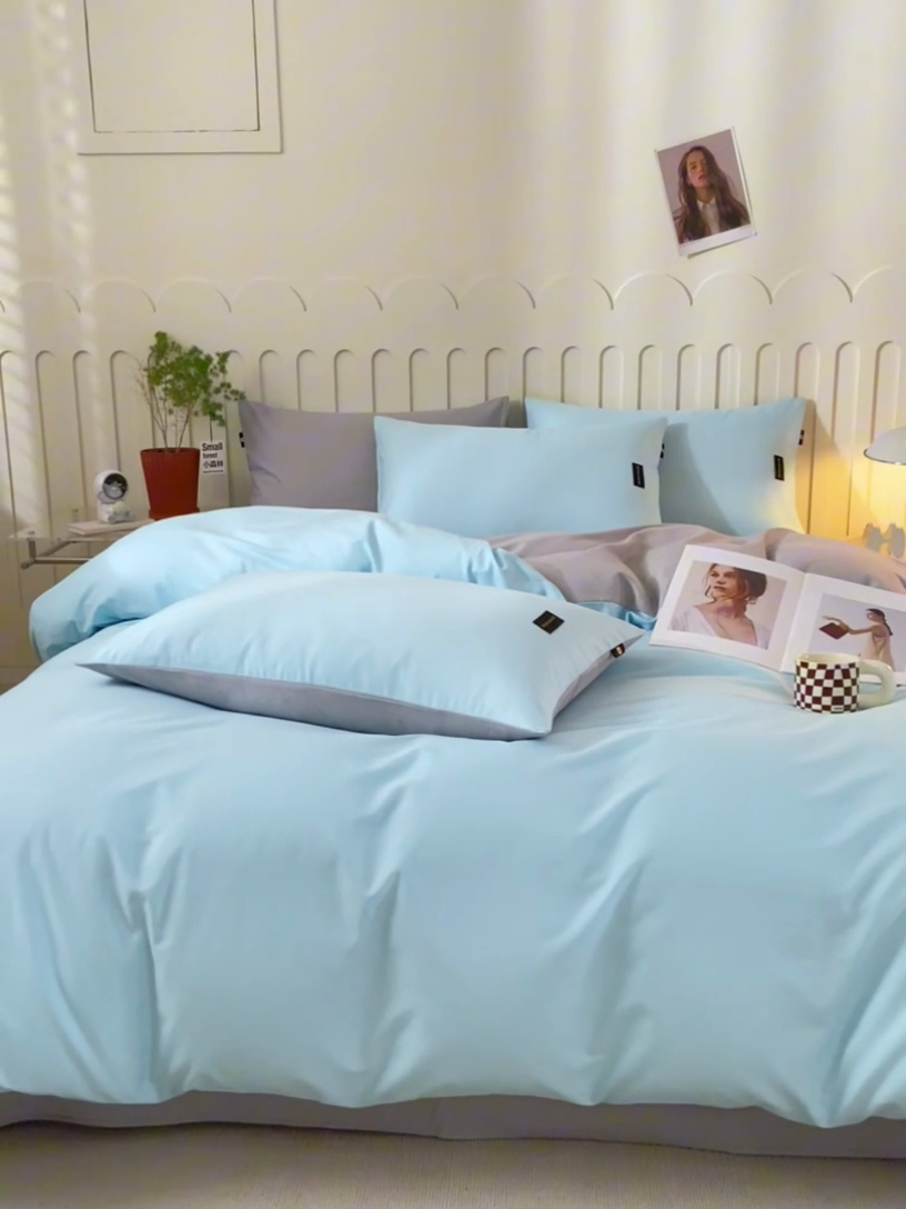 91家纺网 家纺一手货源 找家纺 涵宸家纺 2024新款原棉纯色织标磨毛单品及套件--四件套 兰+浅灰