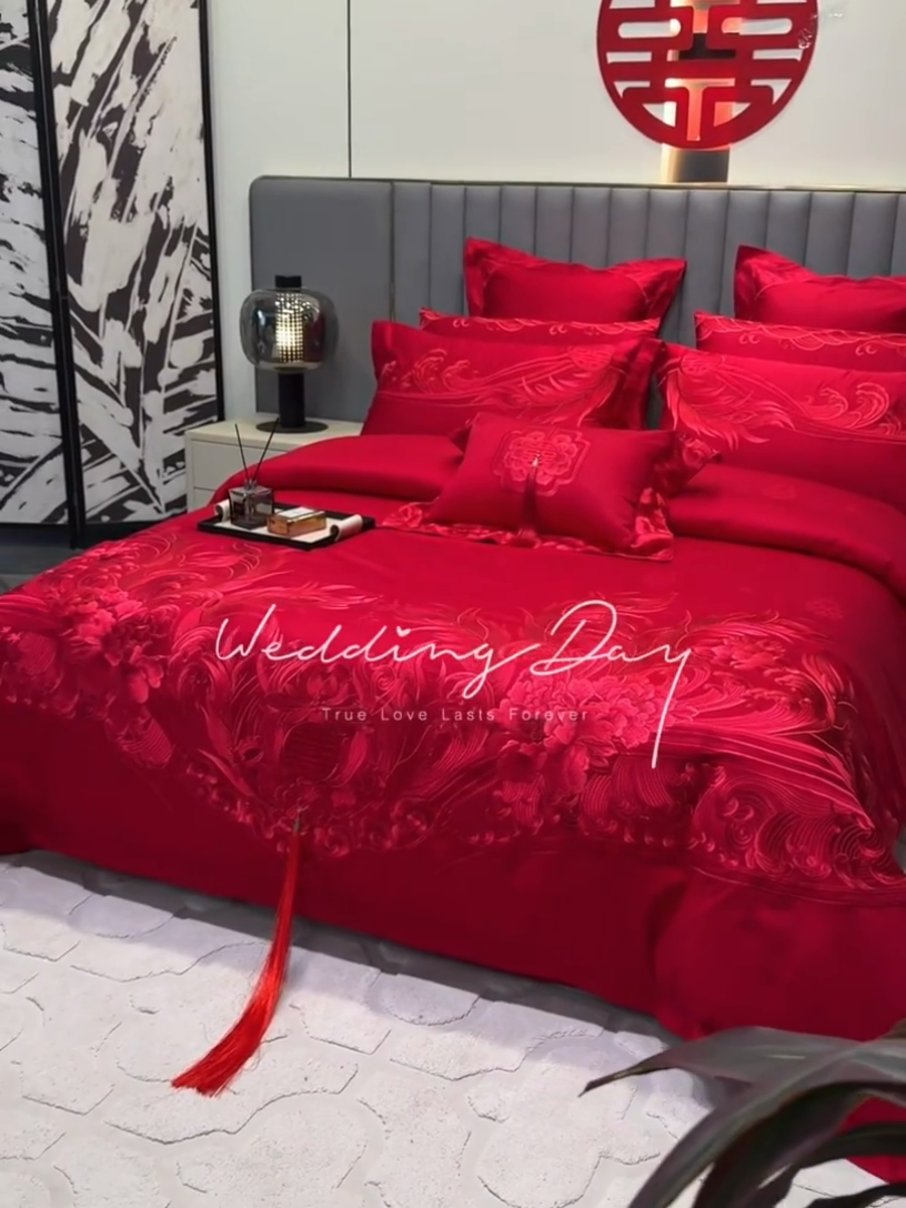 91家纺网 家纺一手货源 找家纺 宏羽纺家纺 2024新款高支高密纯棉提花婚庆套件系列（控价680） 凤凰来仪-红
