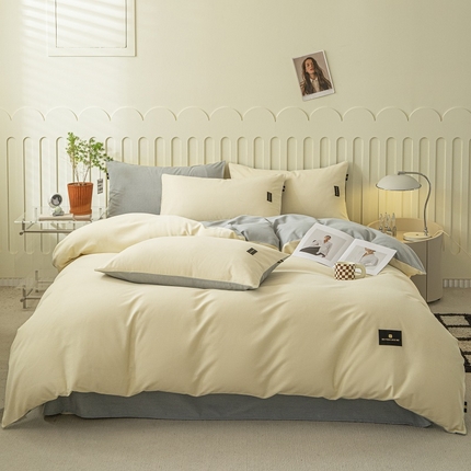 涵宸家纺 2024新款原棉纯色织标磨毛单品及套件--四件套 奶昔白+浅灰