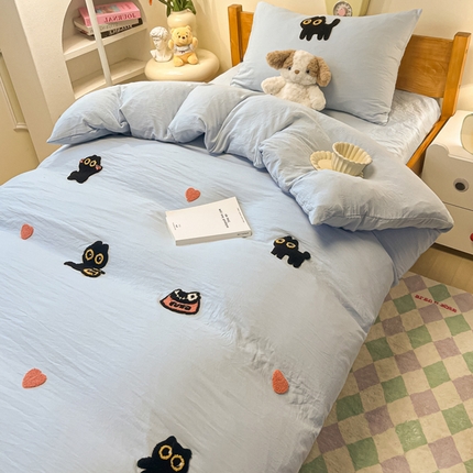 韩巢家纺 2024新款学生宿舍寝室上下铺超柔水洗棉毛巾绣单件被套-幸运猫 幸运猫浅蓝