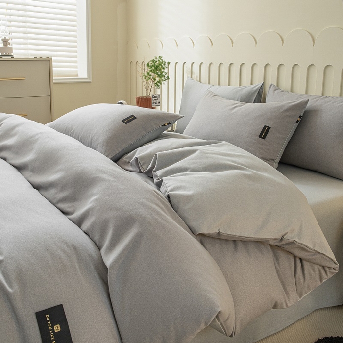 91家纺网 家纺一手货源 找家纺 涵宸家纺 2024新款原棉纯色织标磨毛单品及套件--四件套 中灰+浅灰