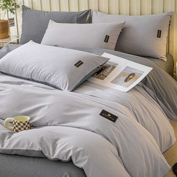 91家纺网 家纺一手货源 找家纺 涵宸家纺 2024新款原棉纯色织标磨毛单品及套件--四件套 浅灰+深灰