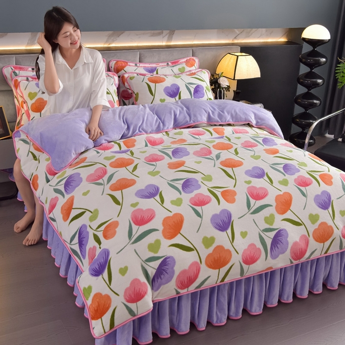 91家纺网 家纺一手货源 找家纺 锦铭源2025年7斤加厚印花牛奶绒四件套水晶法莱金貂绒床裙款花恋