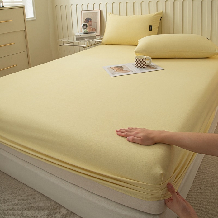 91家纺网 家纺一手货源 找家纺 涵宸家纺 2024新款原棉纯色织标磨毛单品及套件--床笠 单床笠-奶黄