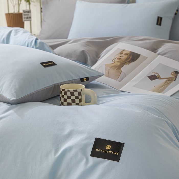 91家纺网 家纺一手货源 找家纺 涵宸家纺 2024新款原棉纯色织标磨毛单品及套件--四件套 兰+浅灰