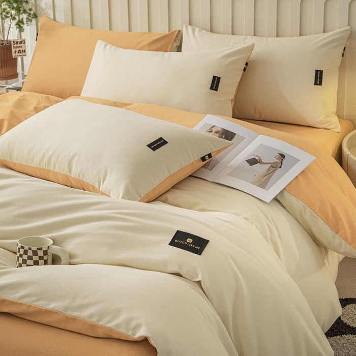 91家纺网 家纺一手货源 找家纺 涵宸家纺 2024新款原棉纯色织标磨毛单品及套件--四件套 奶昔白+桔