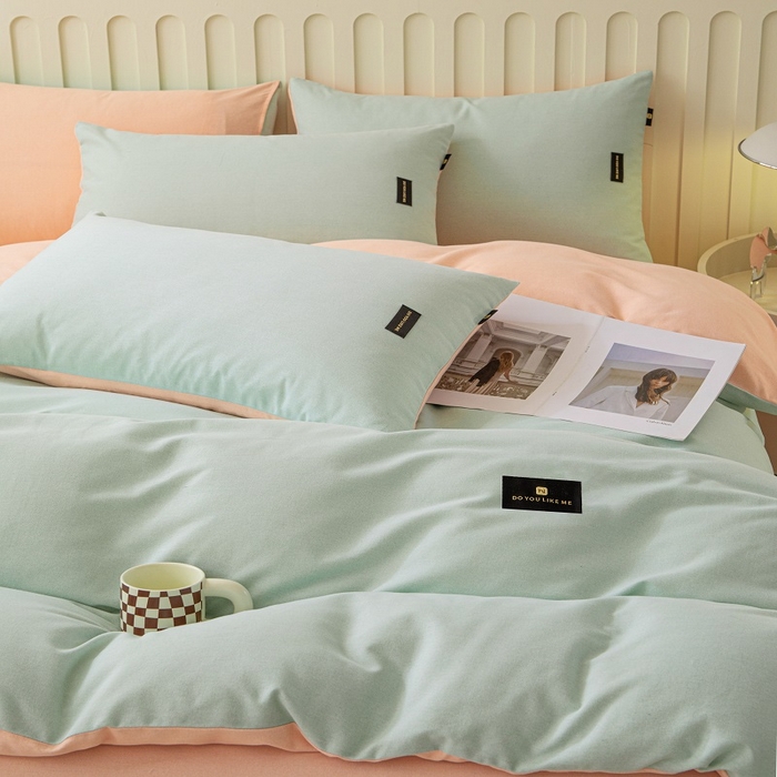 91家纺网 家纺一手货源 找家纺 涵宸家纺 2024新款原棉纯色织标磨毛单品及套件--被套 浅绿+粉