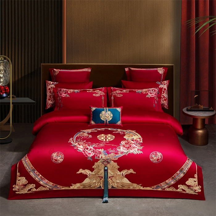 91家纺网 家纺一手货源 找家纺 宏羽纺家纺 2024新款高支高密纯棉提花婚庆套件系列（控价680） 天赐良缘-红