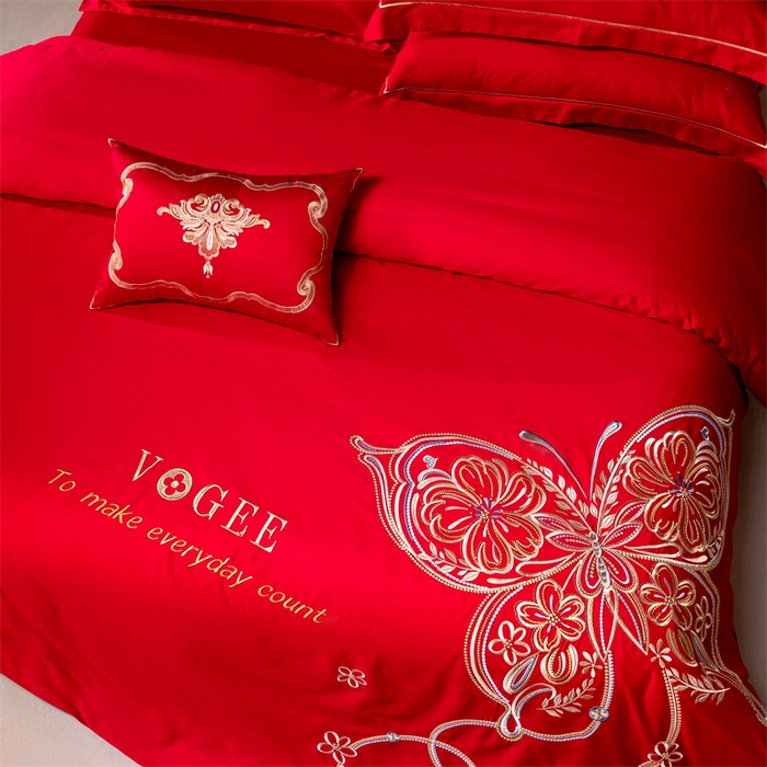 91家纺网 家纺一手货源 找家纺 宏羽纺家纺 2024新款13372纯棉小红书跑量款婚庆套件系列 亦蝶-中国红