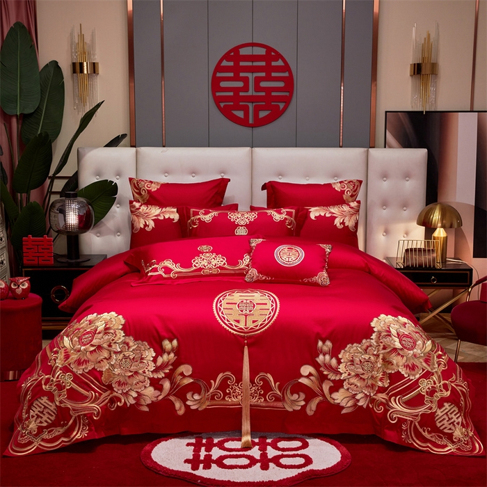 91家纺网 家纺一手货源 找家纺 宏羽纺家纺 2024新款13372纯棉婚庆套件系列 皇家喜事-金-时尚