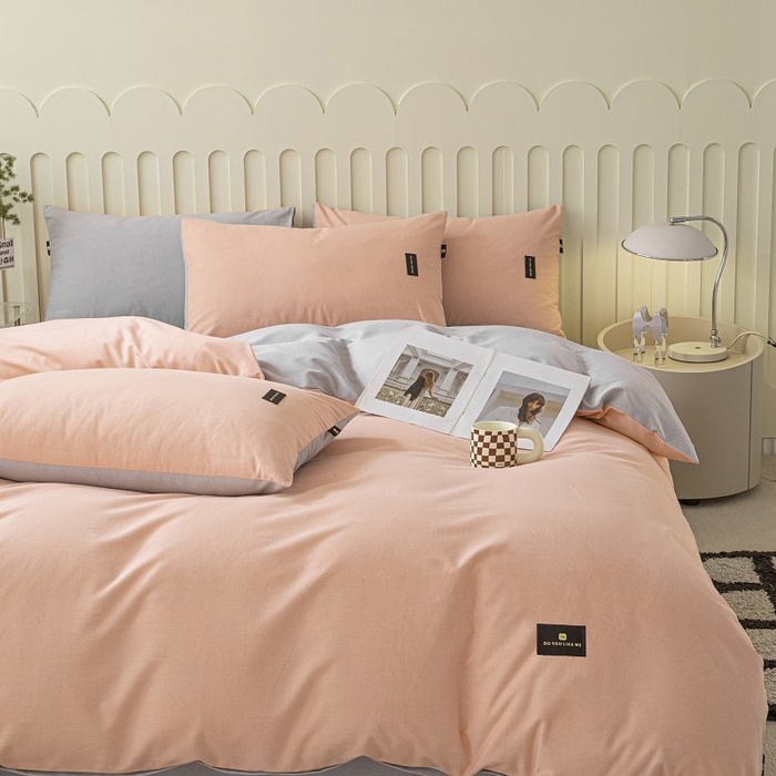 91家纺网 家纺一手货源 找家纺 涵宸家纺 2024新款原棉纯色织标磨毛单品及套件--被套 粉+浅灰