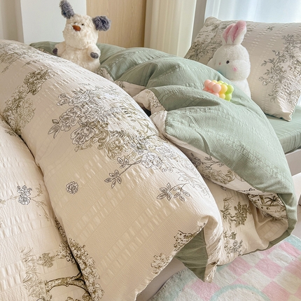 91家纺网 家纺一手货源 找家纺 安哆啦家纺 2024新款A类有氧泡泡纱云纱棉学生季宿舍床三四件套 山水间