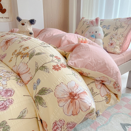 91家纺网 家纺一手货源 找家纺 安哆啦家纺 2024新款A类有氧泡泡纱云纱棉学生季宿舍床三四件套 秘境花园