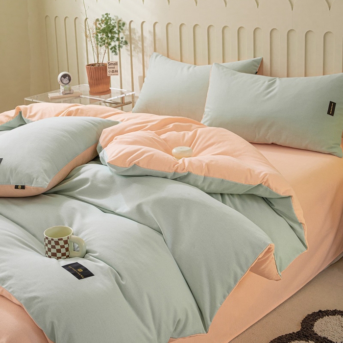 91家纺网 家纺一手货源 找家纺 涵宸家纺 2024新款原棉纯色织标磨毛单品及套件--四件套 浅绿+粉