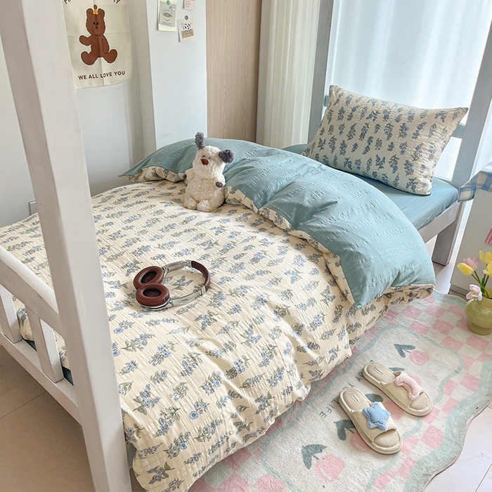 91家纺网 家纺一手货源 找家纺 安哆啦家纺 2024新款A类有氧泡泡纱云纱棉学生季宿舍床三四件套 蓝梦里