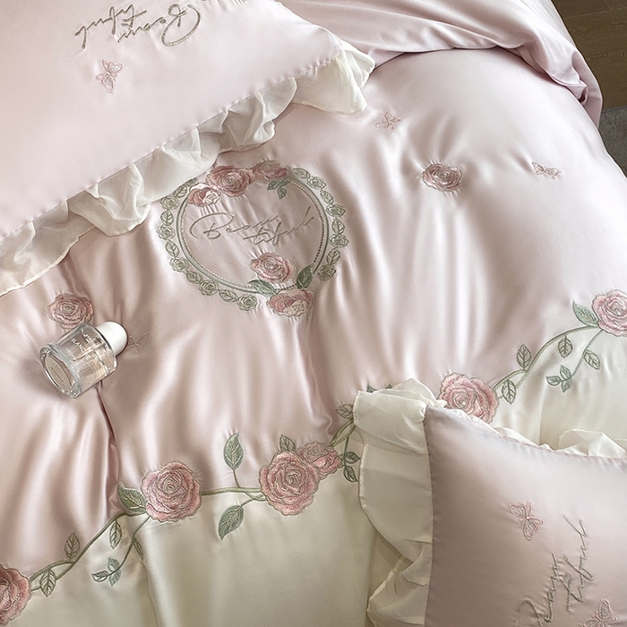 91家纺网 家纺一手货源 找家纺 优悦生活馆 2024新款刺绣款磨毛四件套-假日玫瑰 假日玫瑰-粉