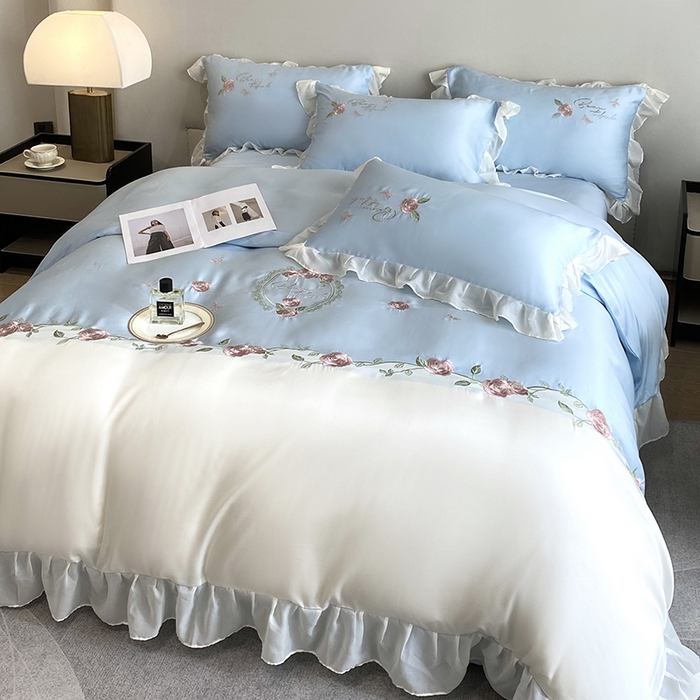 91家纺网 家纺一手货源 找家纺 优悦生活馆 2024新款刺绣款磨毛四件套-假日玫瑰 假日玫瑰-蓝