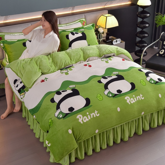 91家纺网 家纺一手货源 找家纺 锦铭源2025直播印花7斤牛奶绒金貂水晶法莱珊瑚绒四件套床裙款快乐熊猫