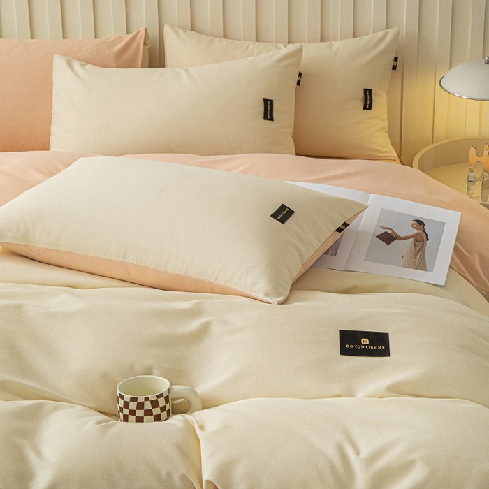 91家纺网 家纺一手货源 找家纺 涵宸家纺 2024新款原棉纯色织标磨毛单品及套件--四件套 奶昔白+粉