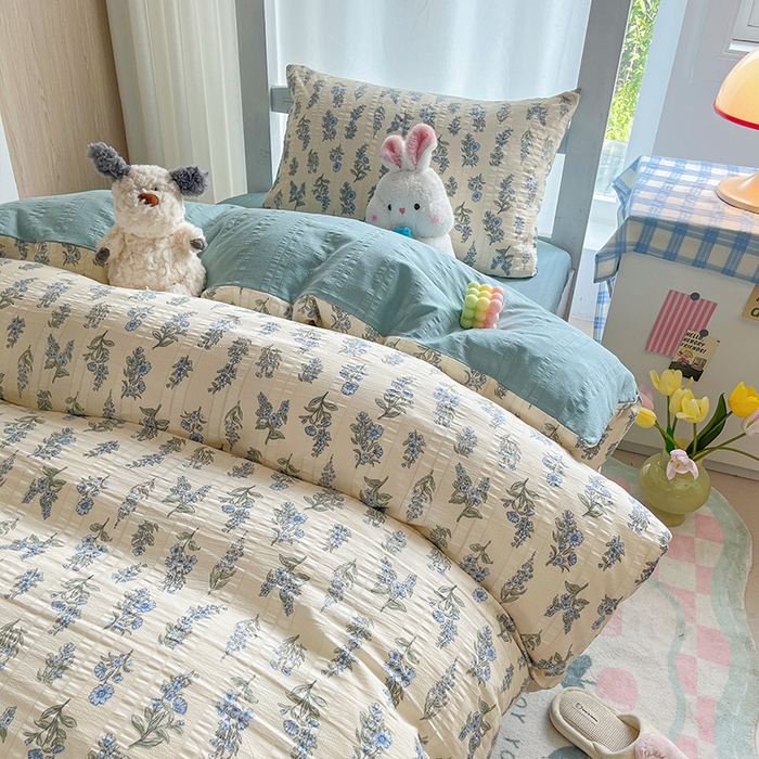 91家纺网 家纺一手货源 找家纺 安哆啦家纺 2024新款A类有氧泡泡纱云纱棉学生季宿舍床三四件套 蓝梦里