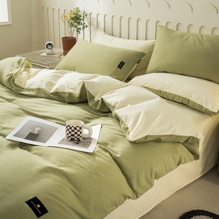 91家纺网 家纺一手货源 找家纺 涵宸家纺 2024新款原棉纯色织标磨毛单品及套件--被套 草绿+奶昔白