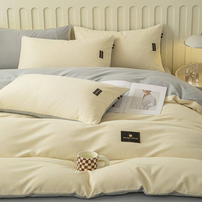 91家纺网 家纺一手货源 找家纺 涵宸家纺 2024新款原棉纯色织标磨毛单品及套件--四件套 奶昔白+浅灰