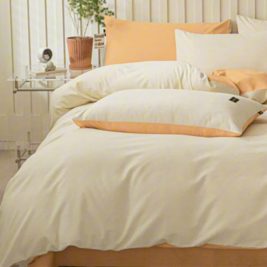 91家纺网 家纺一手货源 找家纺 涵宸家纺 2024新款原棉纯色织标磨毛单品及套件--四件套 奶昔白+桔