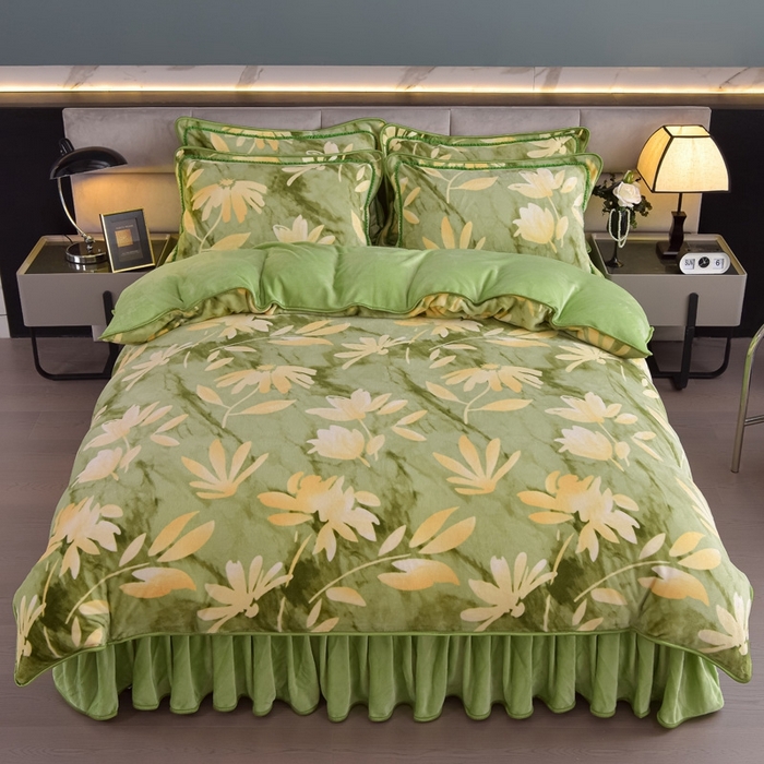 91家纺网 家纺一手货源 找家纺 锦铭源2025年7斤加厚印花牛奶绒四件套水晶法莱金貂绒床裙款 清雅