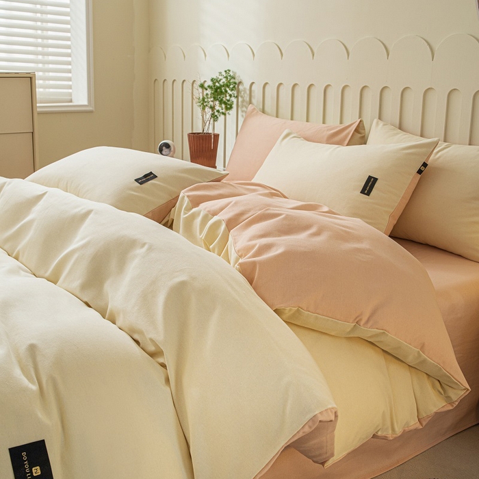 91家纺网 家纺一手货源 找家纺 涵宸家纺 2024新款原棉纯色织标磨毛单品及套件--四件套 奶昔白+粉