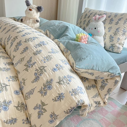 安哆啦家纺 2024新款A类有氧泡泡纱云纱棉学生季宿舍床三四件套 蓝梦里