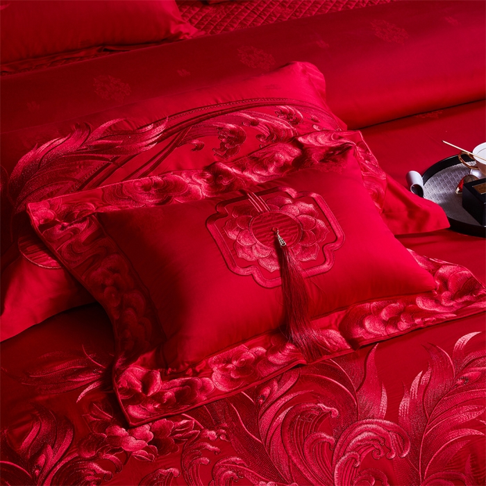 91家纺网 家纺一手货源 找家纺 宏羽纺家纺 2024新款高支高密纯棉提花婚庆套件系列（控价680） 凤凰来仪-红