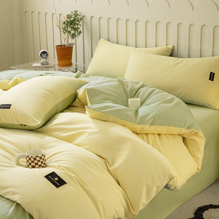 91家纺网 家纺一手货源 找家纺 涵宸家纺 2024新款原棉纯色织标磨毛单品及套件--四件套 奶黄+豆绿