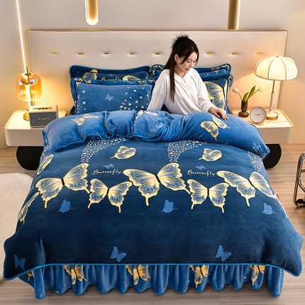 馨梦缘 2025新款小包边款牛奶绒8.5斤高克重牛奶绒金雕绒床裙款四件套 轻舞飞扬