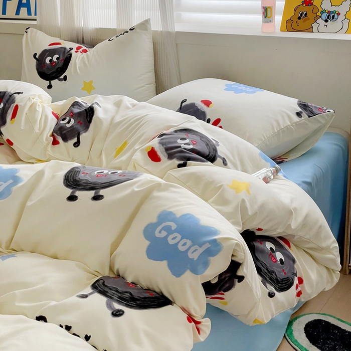 91家纺网 家纺一手货源 找家纺 慕晨 2024开学季新款学生宿舍三件套被套小清新卡通超柔水洗云朵棉皱皱泡泡棉四件套 黑煤球