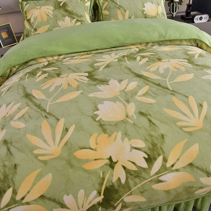 91家纺网 家纺一手货源 找家纺 锦铭源2025年7斤加厚印花牛奶绒四件套水晶法莱金貂绒床裙款 清雅