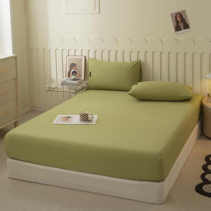 91家纺网 家纺一手货源 找家纺 涵宸家纺 2024新款原棉纯色织标磨毛单品及套件--床笠 单床笠-草绿