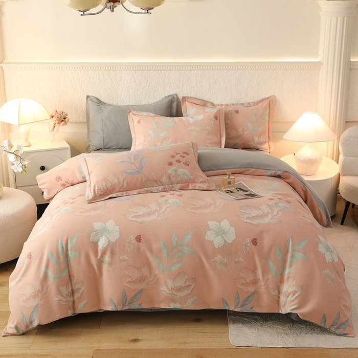 91家纺网 家纺一手货源 找家纺 帛美家纺 2024新款加厚纯棉全棉磨毛印花四件套 兰亭序粉